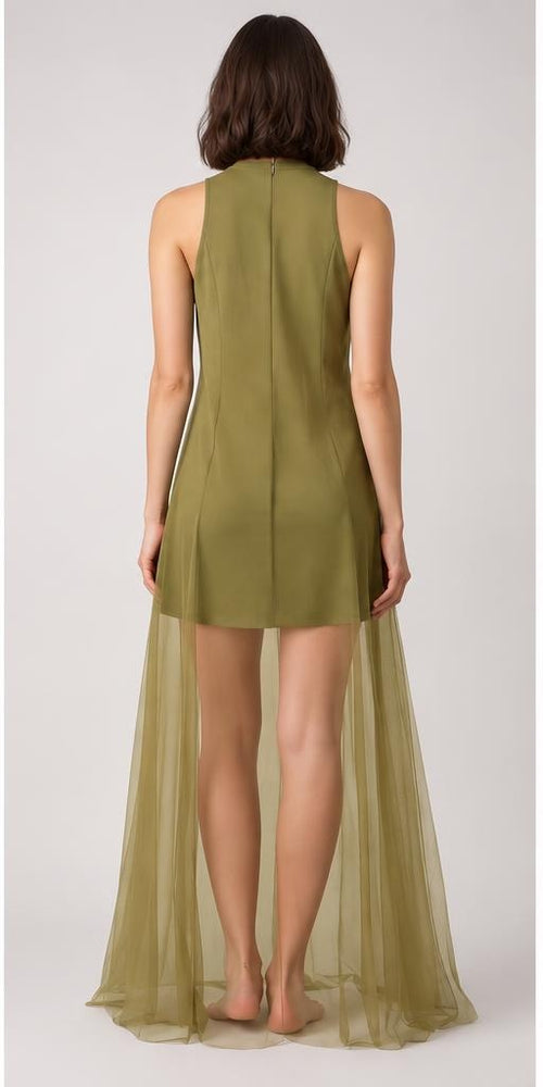 Maxikleid mit Overlay – Oliv – Rückansicht